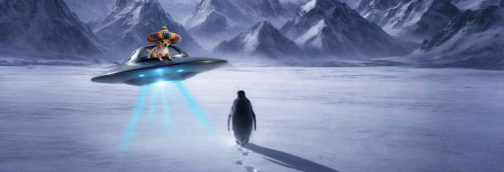 Chihuahua piloting a flying saucer over arctic terrain with a curious penguin