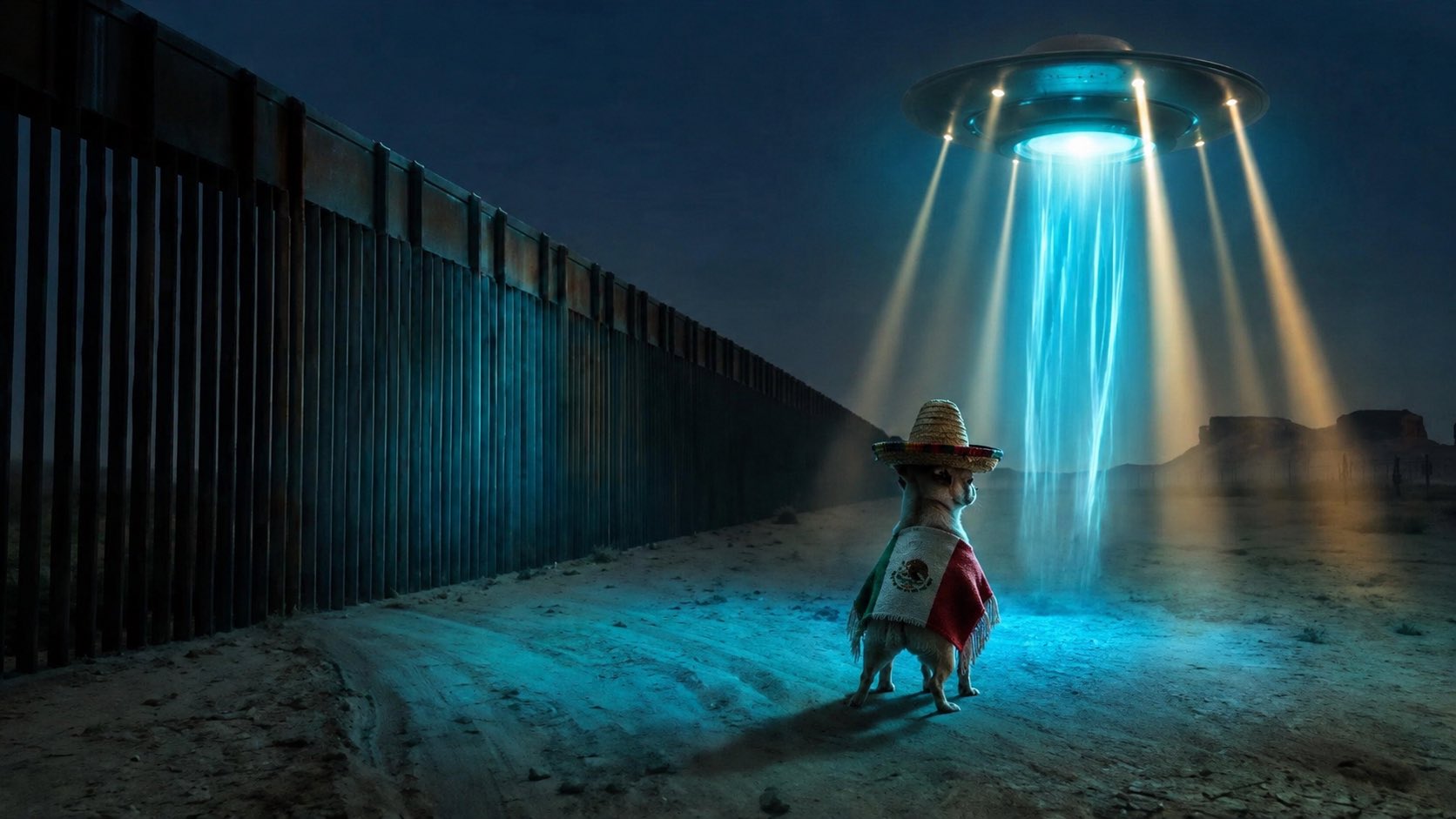 Chihuahua in poncho at border wall being beamed up by a UFO
