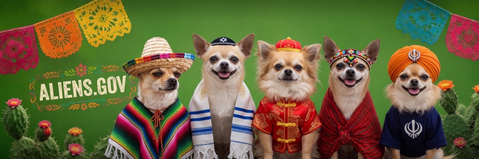 Five chihuahuas in different cultural attire: sombrero, kippah, Chinese cap, beaded headband, and turban