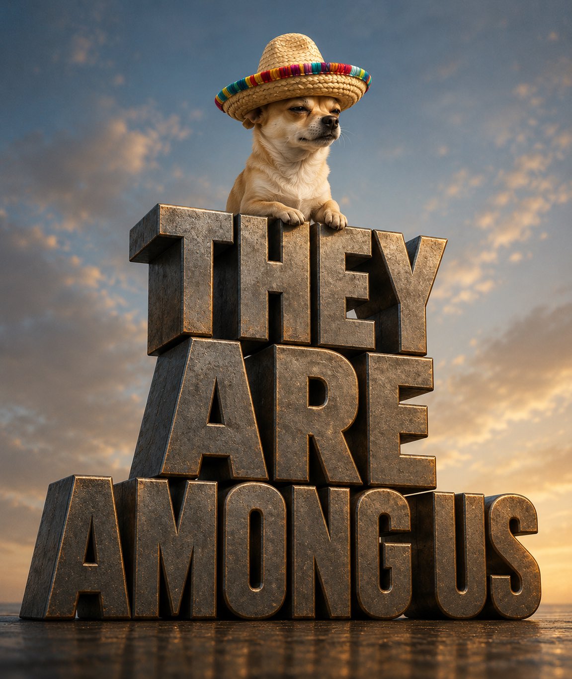 Chihuahua perched atop massive 3D metal letters reading THEY ARE AMONG US