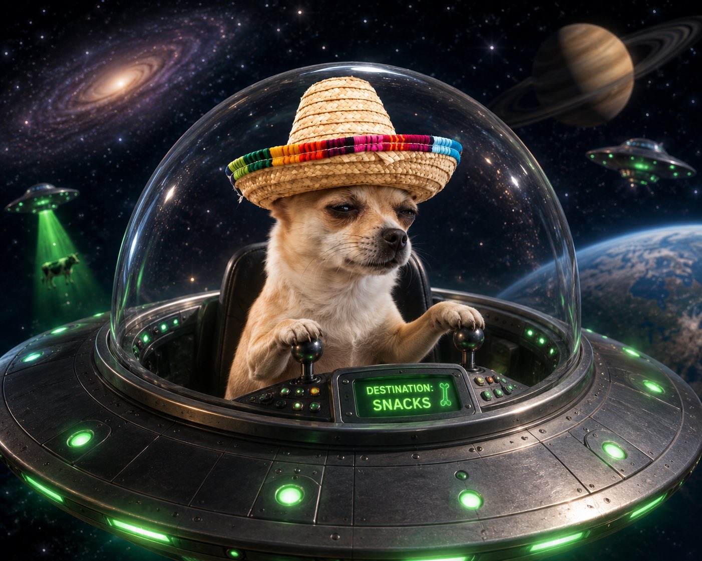 Chihuahua pilot inside UFO cockpit with green-glowing DESTINATION: SNACKS panel