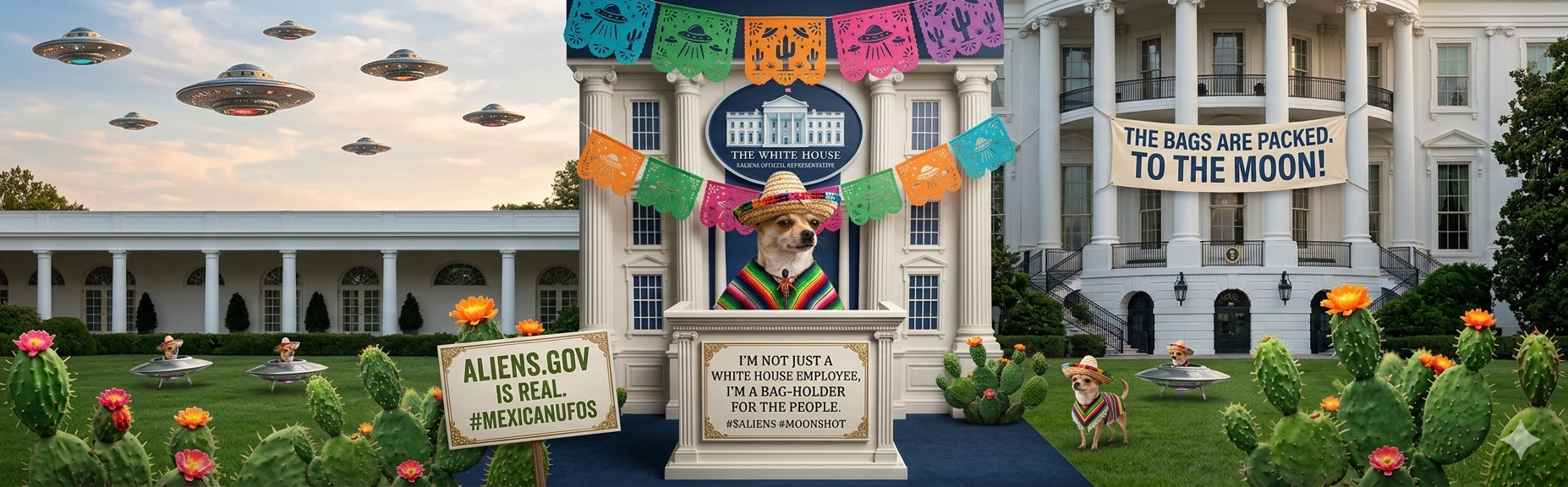 President MOTHERSHIP-69 addressing the nation from the White House lawn, surrounded by UFOs, cacti and bag-holder podium